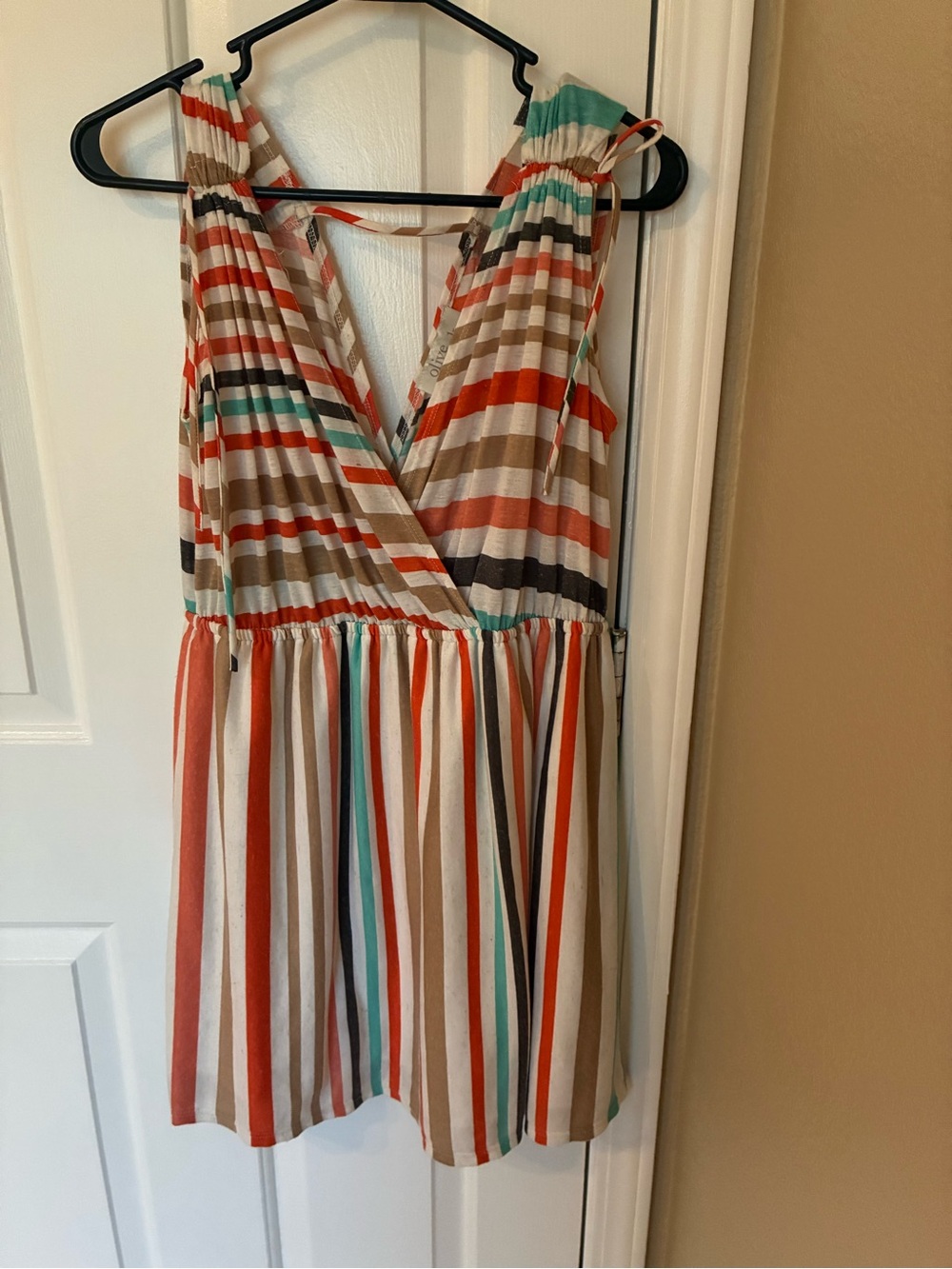 Olive & Oak Multicolor Striped V-Neck Sleeveless Dress - Coral, Teal & Beige